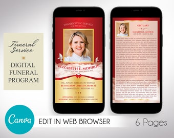 Red Ribbon Digital Funeral Program Template, Canva Template, Mobile Phone Brochure, Celebration of Life, 6 Pages