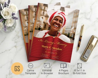 Red Waves 4 Page Funeral Program Template, Canva Bifold Memorial Obituary 8.5x11 (Digital Download)