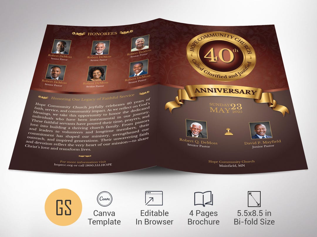 Orange Gold Church Anniversary Program Template | Canva: 4-page Bifold ...