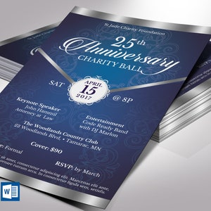 Blau Silber Jubiläum Gala Flyer Vorlage, Word / Verlag, Kirche Ereignis, Bankett einladen, 14,5 x 21,5 cm, bearbeitbar, Sofort Download