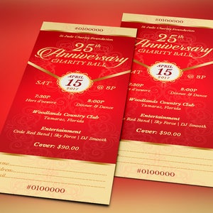 Red Gold Anniversary Banquet Ticket Template for Word and Publisher is 3x7 inches.  It features a deep red background and is highlighted with gold. Sections are included for perforation and numbering. This anniversary banquet ticket is for events