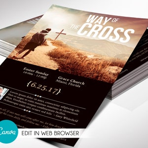 Cross Way Easter Flyer Template for Canva is Size 5.5x8.5 inches. The design depicts a man running on a path toward a cross. The Church Invitation Postcard is for church Easter Services, Sermon Series, and Easter Cantatas.