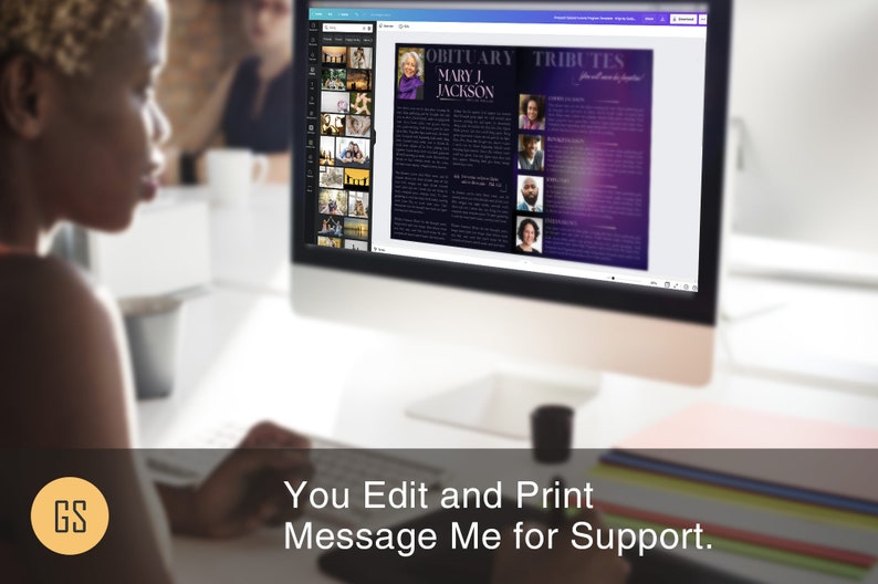 A magazine-style funeral program. Twilight Tabloid Funeral Program Template for Canva (8 pages, 17x11 inches, bifold to 8.5x11 inches). This expressively designed twilight purple celebration of life bi-fold brochure