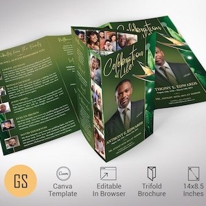 May include: Green and gold trifold funeral program template with a photo collage and the text "Celebration of Life" and "Anthony E. Edwards". The program is 14 x 8.5 inches.