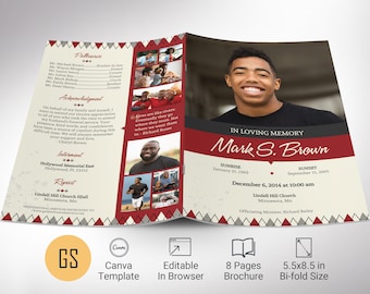 Argyle Funeral Program Template, Canva Template | Burgundy Beige, Celebration of Life, Obituary Template for Men, 8 Pages, 5.5x8.5 in