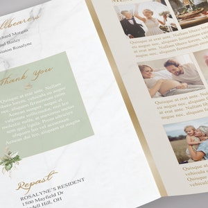 Tropica Legal Trifold Funeral Program Template for Word and Publisher is designed with green and gold, Tropical Florals, over a marble stone background. The legal Print Size of 14x8.5 inches is Trifold to 4.75x8.5 inches. The celebration of life