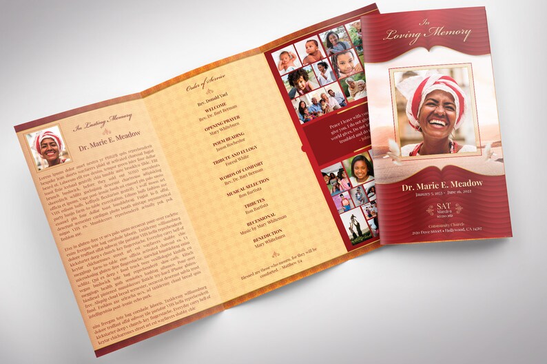 Loving Legal Trifold Funeral Program Template for Canva features gold decals and text style laid over a decorative red and golden background. The legal Print Size of 14x8.5 inches is Trifold to 4.75x8.5 inches. The celebration of life trifold program