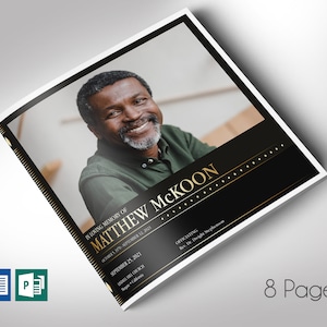 May include: A black and gold funeral program template with a photo of a man smiling. The text reads "In loving memory of Matthew McKoon, October 1, 1976 - September 12, 2021, September 25, 2021,  [unclear church name],  [unclear city, state], Officiating Rev. Dr. Dwight Stephenson."