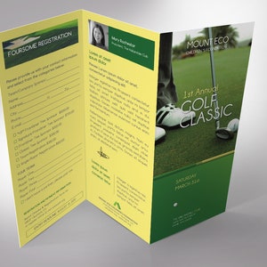 Charity Golf Tournament Trifold Brochure Template, Word-Vorlage, Verlag, Golfspiele, grün, gelb, 11x21,5 cm Bild 5