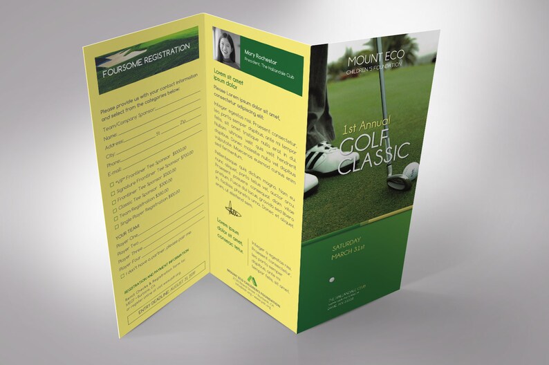 Charity Golf Tournament Trifold Brochure Template, Word-Vorlage, Verlag, Golfspiele, grün, gelb, 11x21,5 cm Bild 5