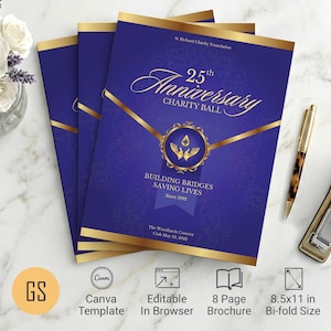 Violet and Gold Anniversary Gala Program Template for Canva: 8-Page Bifold Church Brochure (8.5x11)