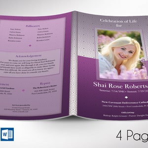 Purple Diamond Funeral Program Template | Word Template, Publisher | Celebration of Life | 4 Pages | 5.5x8.5 inches