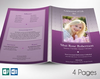 Purple Diamond Funeral Program Template | Word Template, Publisher | Celebration of Life | 4 Pages | 5.5x8.5 inches