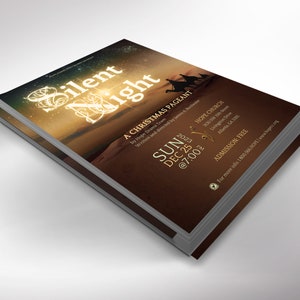 Silent Night Christmas Flyer Template for Canva. This template features a captivating silhouette of the three wise men and guided by the radiant Star of Bethlehem. Available in four versatile sizes (5x5, 5x7, 5.5x8.5, and 8.5x11 inches),