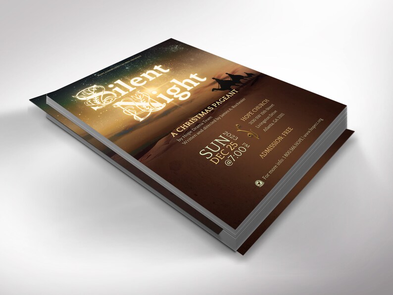 Silent Night Christmas Flyer Template for Canva. This template features a captivating silhouette of the three wise men and guided by the radiant Star of Bethlehem. Available in four versatile sizes (5x5, 5x7, 5.5x8.5, and 8.5x11 inches),