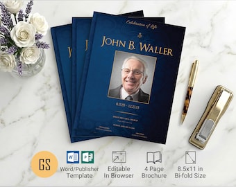 Modello di programma funebre Blue & Gold: necrologio pieghevole di 4 pagine per Word Publisher (8,5x11) digitale