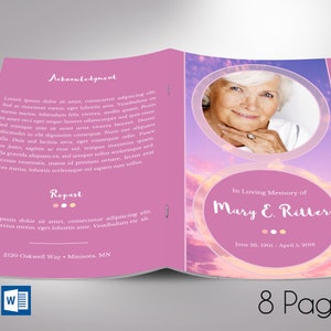 Pink Funeral Program Template: Celebration of Life, Obituary (8 Pages)