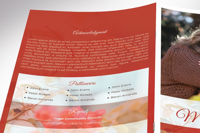 Cherry Funeral Program Word and Publisher Template has 8 pages and is designed with a Bougainvillea Flower and red cherry color. The Print Size is 11x8.5 inches, and it is Bi-fold to 5.5x8.5 inches. Designed for a funeral or memorial service.