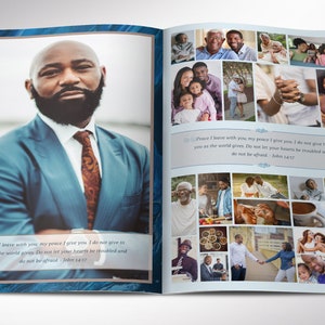 Blue Marble Funeral Program Template for Canva has 8 Pages. A modern Celebration of Life bi-fold brochure that has blue and brown decals laid over a decorative blue marble background. The Print Size of 11x8.5 inches is Bi-fold to 5.5x8.5 inches.