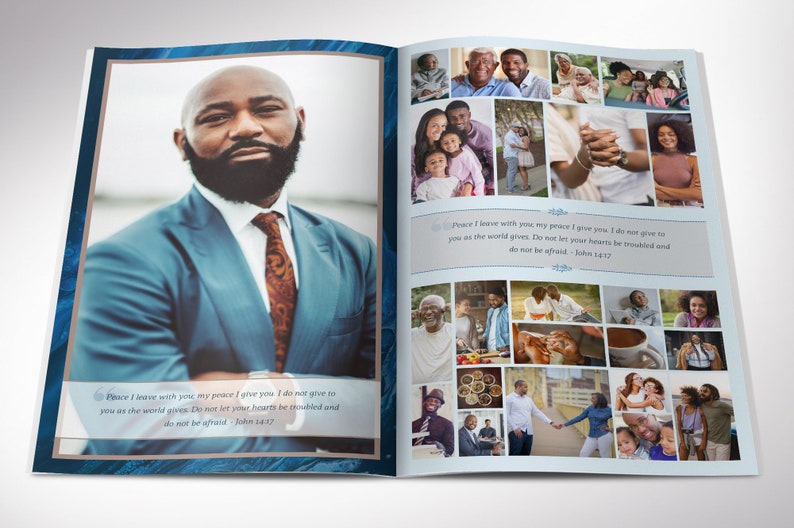 Blue Marble Funeral Program Template for Canva has 8 Pages. A modern Celebration of Life bi-fold brochure that has blue and brown decals laid over a decorative blue marble background. The Print Size of 11x8.5 inches is Bi-fold to 5.5x8.5 inches.