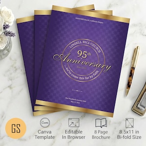 Diamond Church Anniversary Program Template | Canva: Purple & Gold 8-Page Bifold Brochure (8.5x11) Digital Download
