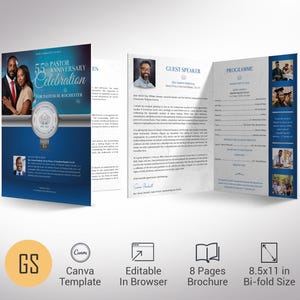 Pastor Anniversary Program Template: Blue Silver Church Celebration (Canva, 11x17&quot; Tabloid)