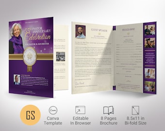 Pastor Anniversary Tabloid Program Template, Canva Template - Purple Gold, Banquet Program, Church Anniversary, 11x17 in