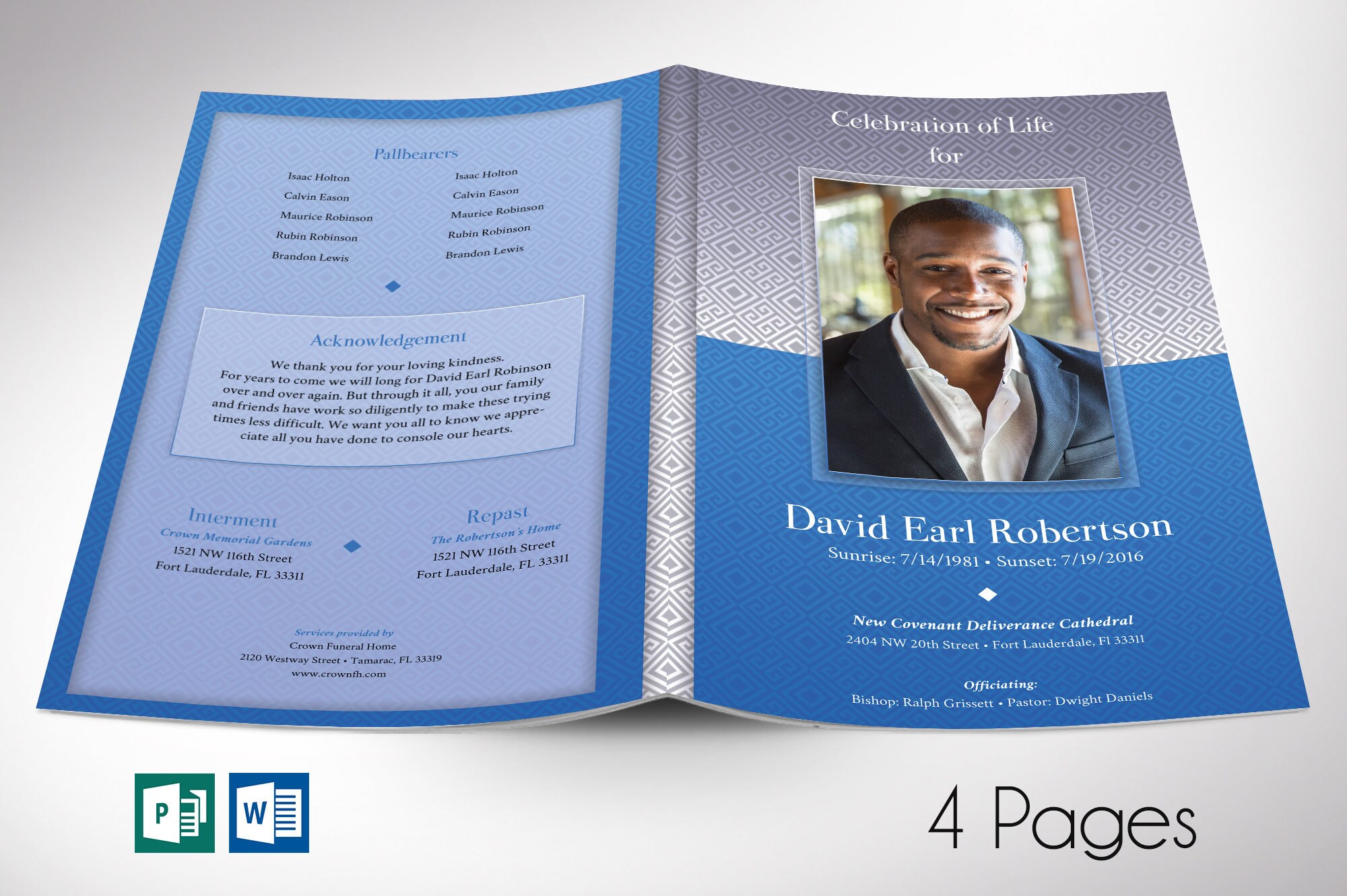 Blue Diamond Funeral Program Word Publisher Template 4 Pages - Etsy