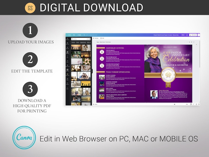 Pastor Anniversary Program Template for Canva: Purple & Gold 4-page ...