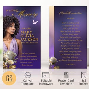Canva 用クラシック ローズ葬儀祈祷カード テンプレート、パープル ゴールド、人生のお祝い、葬儀の記念品、記念品ギフト、女性、3 x 5 インチ