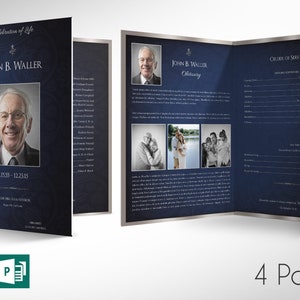 Zestaw szablonów programu pogrzebowego Blue Silver Tabloid, Word i Publisher V2, Celebracja życia, szablon nekrologu dla mężczyzn, 4 strony, 11 x 17 cali