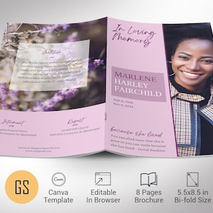 Plantilla de Canva para programa funerario de Pink Nature, rosa y morado, celebración de la vida, obituario de una mujer, 8 páginas, formato carta doble, 5.5 x 8.5 pulgadas