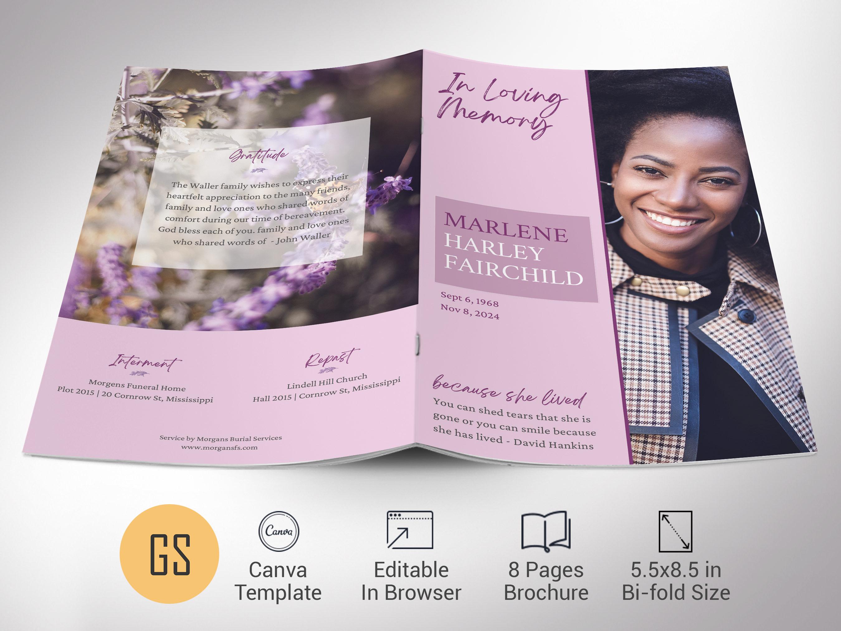 Pink Floral Funeral Program Template: Celebration of Life (Canva, 5.5x8.5 in, Digital Download
