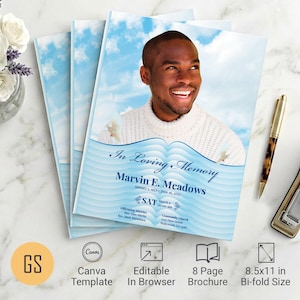 Baby Blue Waves Funeral Program Template for Canva: 8-Page Bifold Obituary (8.5x11) Digital Download