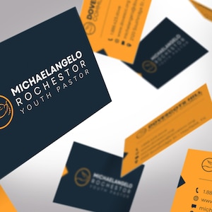 Modern Church Business Card Template for Canva is Size 3.5x2 inches. It features a blue and yellow color scheme. Great for church business cards and pastor business cards. The contrast between the bright and dark colors gives a minimalistic modern