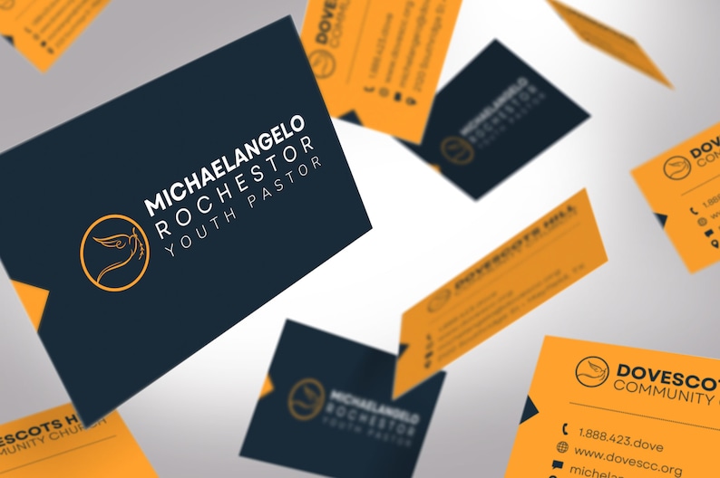 Modern Church Business Card Template for Canva is Size 3.5x2 inches. It features a blue and yellow color scheme. Great for church business cards and pastor business cards. The contrast between the bright and dark colors gives a minimalistic modern