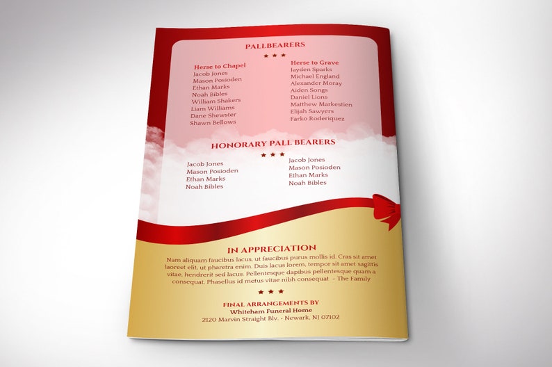 Red Ribbon Funeral Program Canva Template, Print Size: 11 x 8.5 inches, Bi-Fold Size: 5.5 x 8.5 inches, has a red ribbon over a golden background and clouds.  It is for Victorian-style commemorative or funeral service.