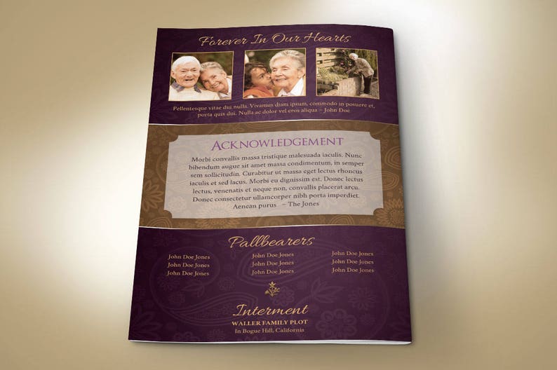 Royal Funeral Program Template, Purple Gold Word Template, Publisher Celebration of Life 8 Pages 5.5x8.5 inches image 6
