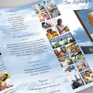 This gorgeous Blue Forever Legal Trifold Funeral Program Template for Canva is 14x8.5 inches and is the perfect way to honor and remember your loved one as you create a lasting legacy of their life. This timeless celebration of life design features