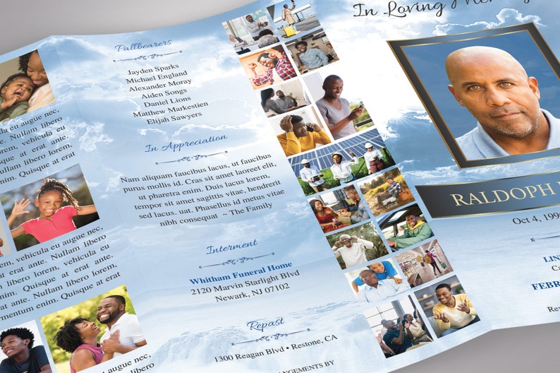 This gorgeous Blue Forever Legal Trifold Funeral Program Template for Canva is 14x8.5 inches and is the perfect way to honor and remember your loved one as you create a lasting legacy of their life. This timeless celebration of life design features