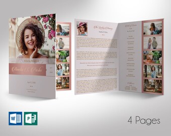 Remember Tabloid Funeral Program Template - Rose Gold  V2 | Celebration of Life, Funeral Service | 4 Pages | 11x17 in