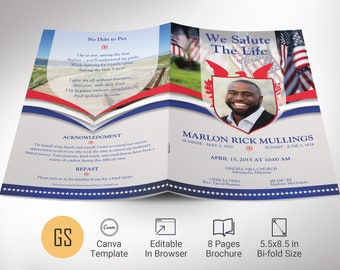 American Military Funeral Program Template for Canva, Red White and Blue, Celebration of Life, Obituary Program, Veterans, 8 Pg | 5.5x8.5 in