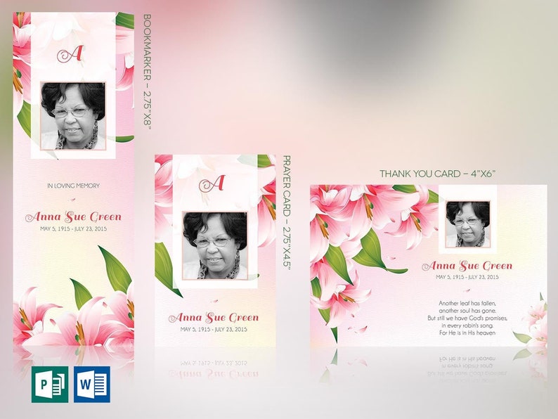 Petals Funeral Stationery Template Bundle for Word and Publisher Set is designed to complement the Petals Funeral Program Template. Geared for memorial or funeral services, the stationery set includes a Bookmark, Prayer Card, and Thank You card.