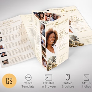 May include: A trifold funeral program template with a white background and gold accents. The front cover features a photo of a woman and a floral design. The text "In Loving Memory" is written in gold script. The back cover includes the name "Mary Olivia Jackson" and the dates of her birth and death. The inside pages include a list of tributes and a photo collage.