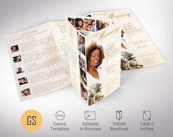 Classic Rose Funeral Program Template: Beige & Gold Trifold Obituary (Canva, 14x8.5", Digital Download)