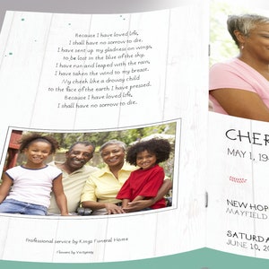 Spring Funeral Program Template for Word and Publisher has 8 pages. The Celebration of Life obituary template is a scrapbook style with teal, beige, and pink. The Print Size of 11x8.5 inches is Bi-Fold to 5.5x8.5 inches. Designed for funerals