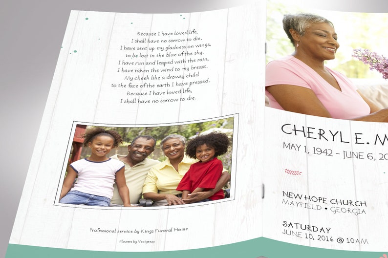 Spring Funeral Program Template for Word and Publisher has 8 pages. The Celebration of Life obituary template is a scrapbook style with teal, beige, and pink. The Print Size of 11x8.5 inches is Bi-Fold to 5.5x8.5 inches. Designed for funerals