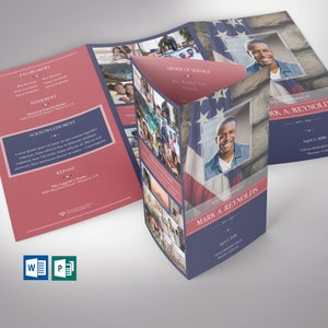 American Military Legal Trifold Funeral Program Template for Word and Publisher V1 features the symbolic and patriotic  Red, White, and Blue colors of the American Flag. The Legal Print Size of 14x8.5 inches is Trifold to 4.75x8.5 inches.