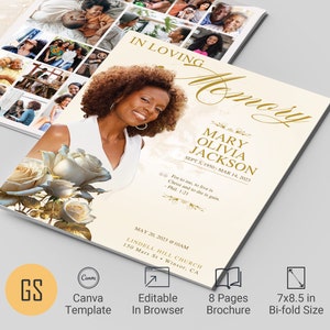 May include: A gold and white 8-page funeral program brochure with a photo of a woman and a bouquet of white roses. The text reads "In Loving Memory Mary Olivia Jackson Sept 5, 1950 - Mar 14, 2023".