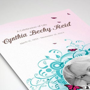 Teal Pink Funeral Program Template, Word Template, Publisher, Butterfly Celebration of Life, Obituary, 4 Pages, 5.5x8.5 in image 5